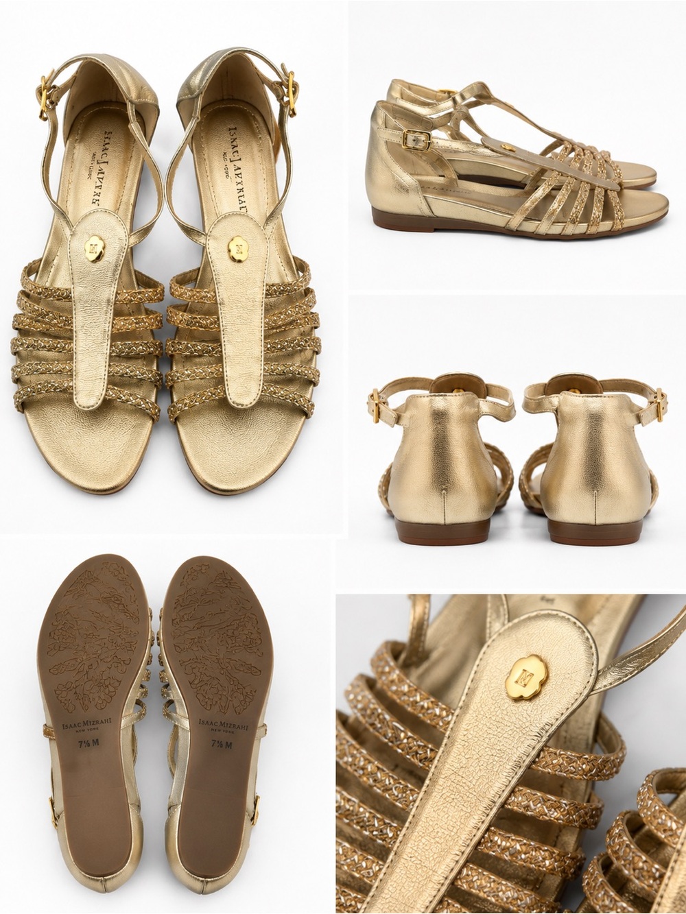 Eric Javits Metallic Gold Braided T-Strap Sandals